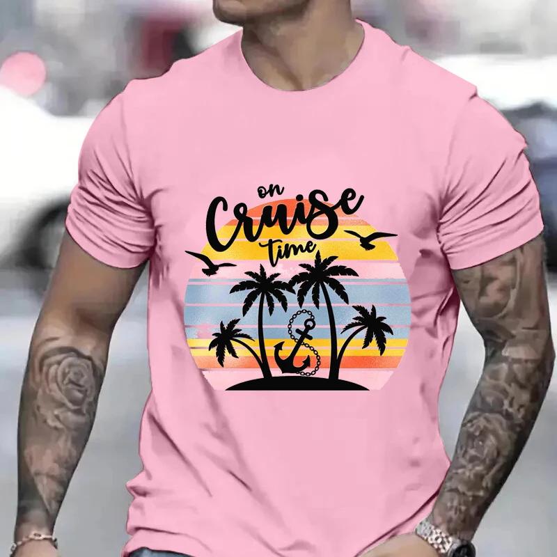 On Cruise Time Print T-shirt for Men Cruise Shirt with Trees Summer Cruising Tshirts Family Vacation Tees Friends Travel Tops