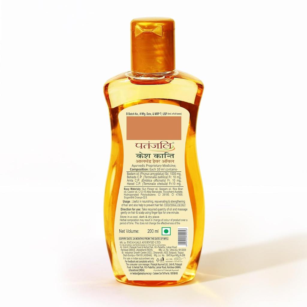Patanjali Kesh Kanti Almond Hair Oil 200 Ml Deep Nourishing Lightweight Hair Care For Smooth Shiny Manageable Hair