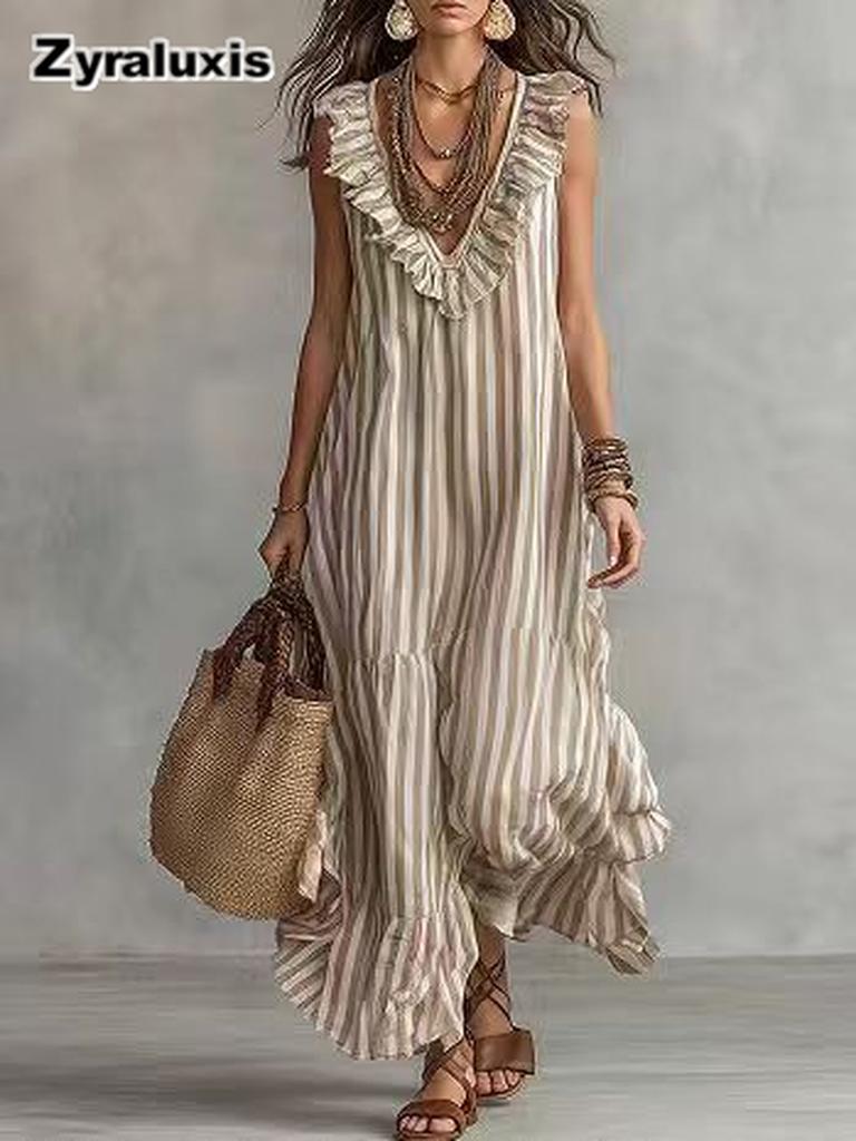Bohemian Striped Ruffle V-Neck Sleeveless Maxi Dress for Women