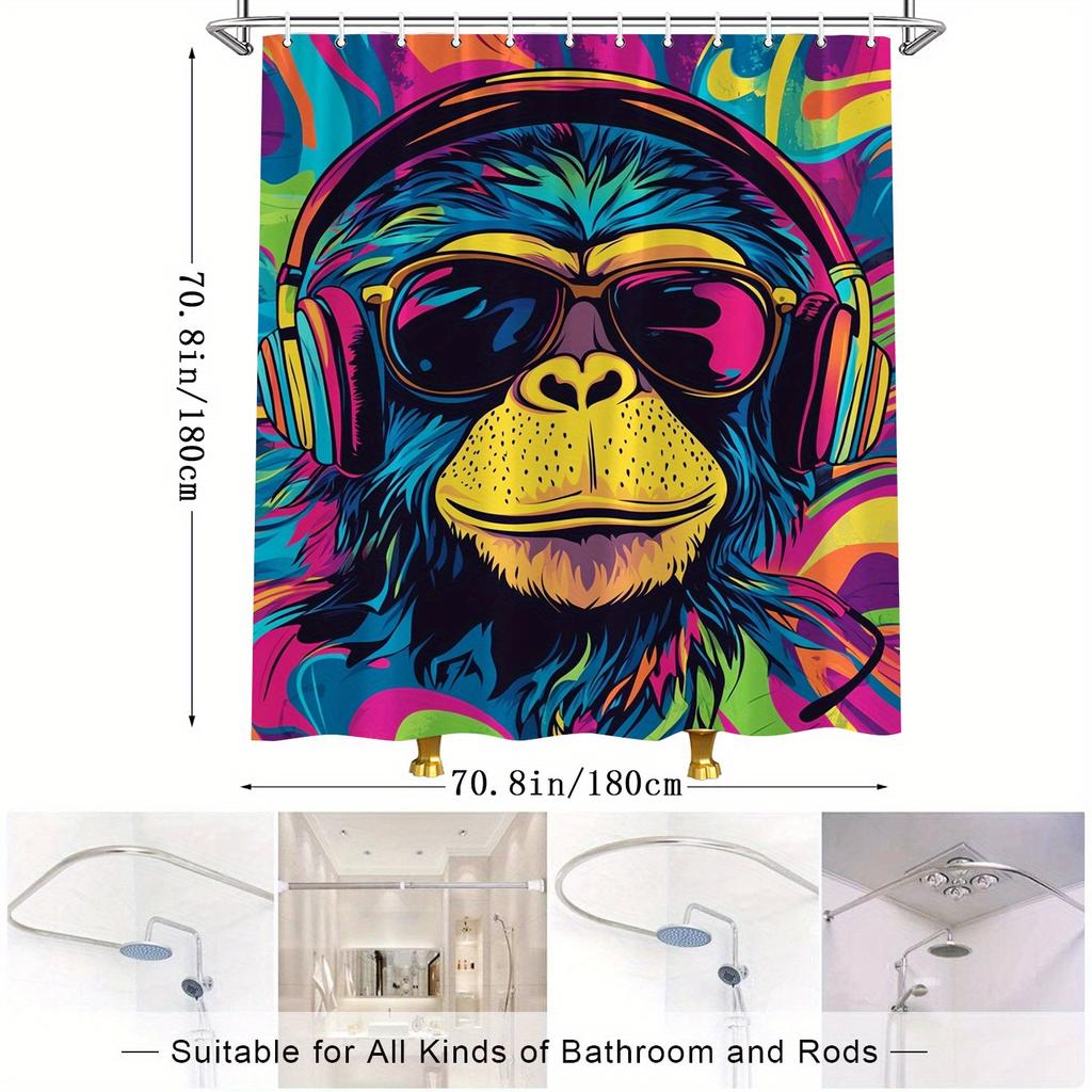 Digital Shower Curtain - Stylized Monkey, Colorful Headphones, Psychedelic Background, Playful Design