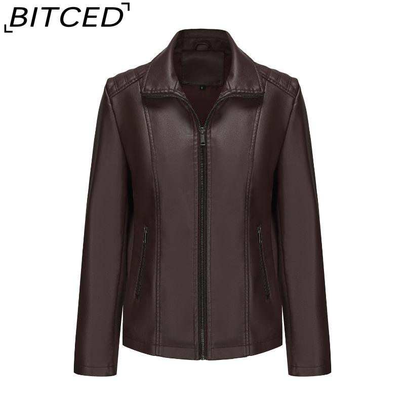 BITCED Fashion Women's Leather Jacket, Short Leather Jacket, Knitted Patchwork Stretch Coat