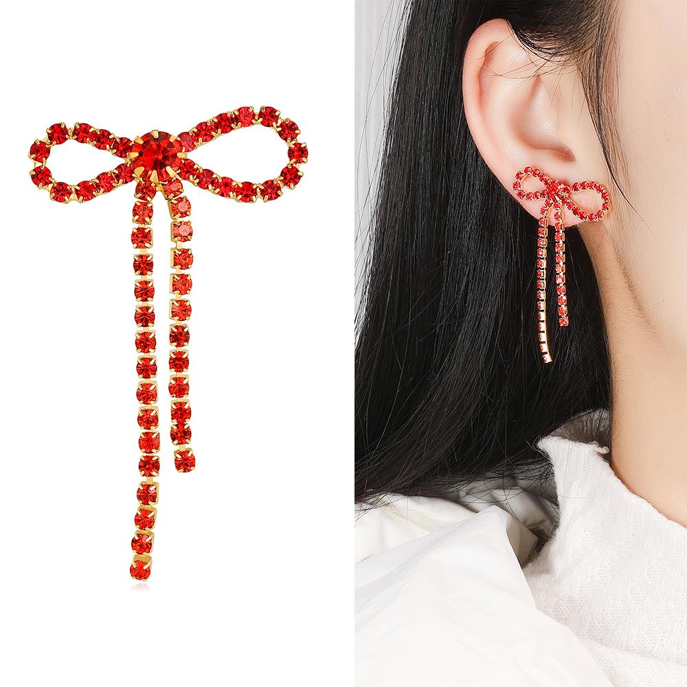Valentine's Day Bow Drop Earrings with Crystal Zircon Shiny Stud Jewelry for Women Girls Gifts
