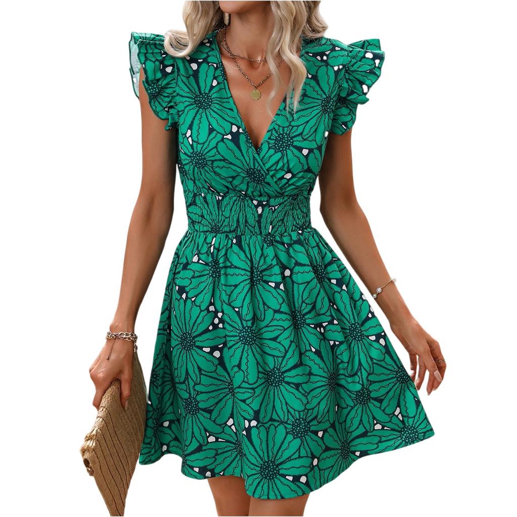 Women's Dresses V-Neck Waist Sexy Large Floral Ruffle Sleeveless Dresses