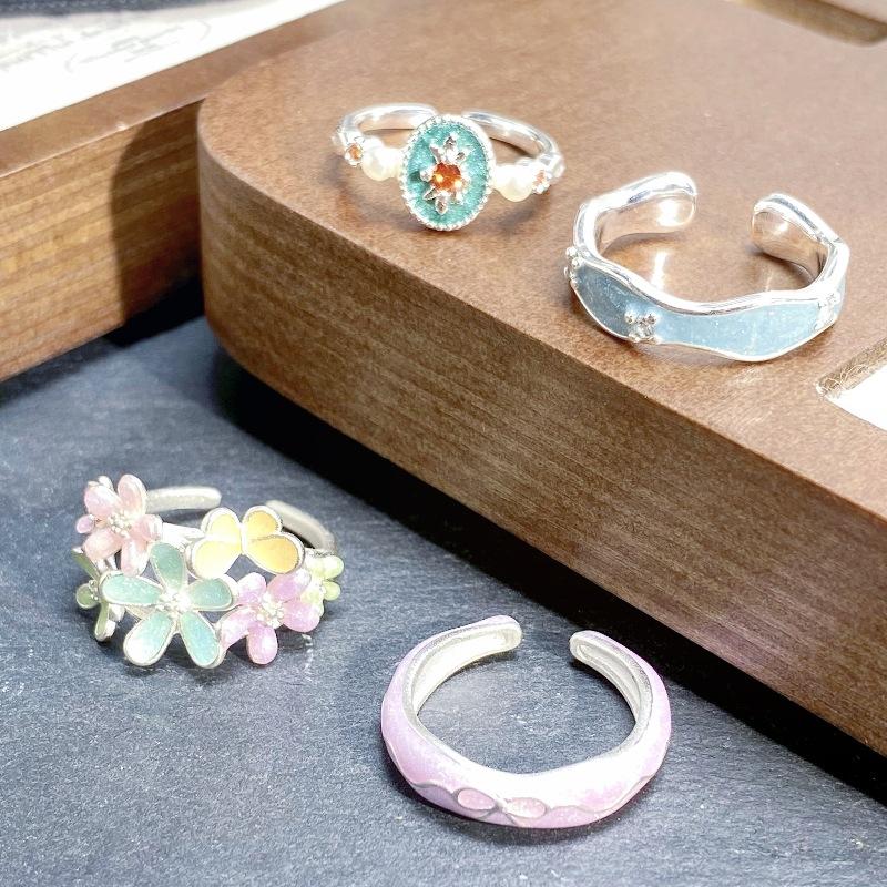 Dopamine Enamel Diamond Flower Opening Ring Sweet Light Luxury High Sense Exquisite French Niche Personality Ring