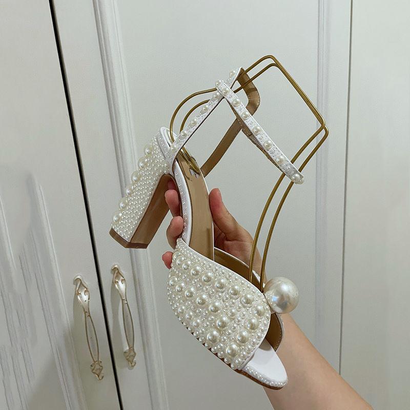 Fashion Sweet Handmade Pearl Stiletto Line With Shallow Cut Party Wedding Shoes Thick Heels High Heels For Women