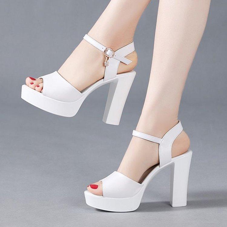 2025 summer thick heel sandals comfortable temperament open-toed sandals waterproof table high heel one-word buckle sandals women