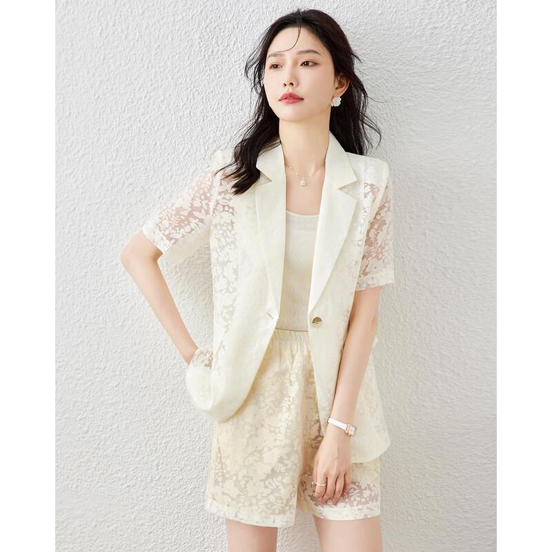 

TERRE BLEUE Women s Lace Short-Sleeve Blazer & Shorts Set S