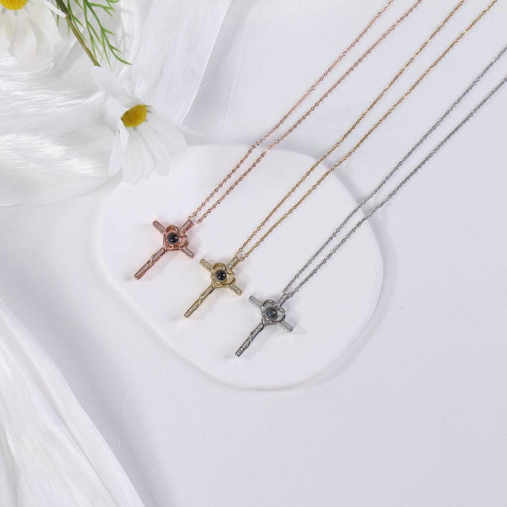 Korean Style 100 Languages 'I Love You' Cross Projection Necklace