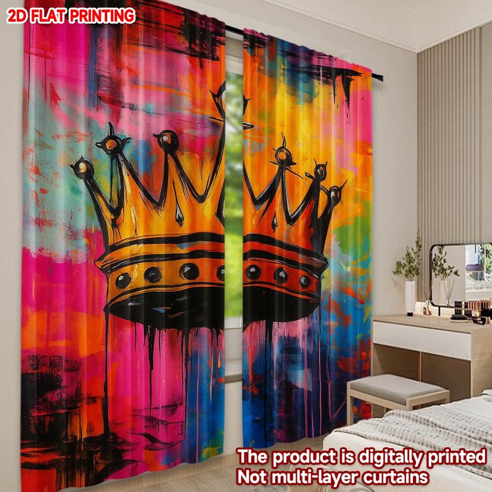 Set Of 2 Crown Pattern Curtains Digital Printing Gold Color Splatter Background Pink Yellow Blue Living Room Curtain For Great Made Polyester