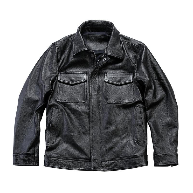 Cowhide print leather jacket for men, trendy and stylish, British style new vintage lapel casual biker leather jacket, windproof