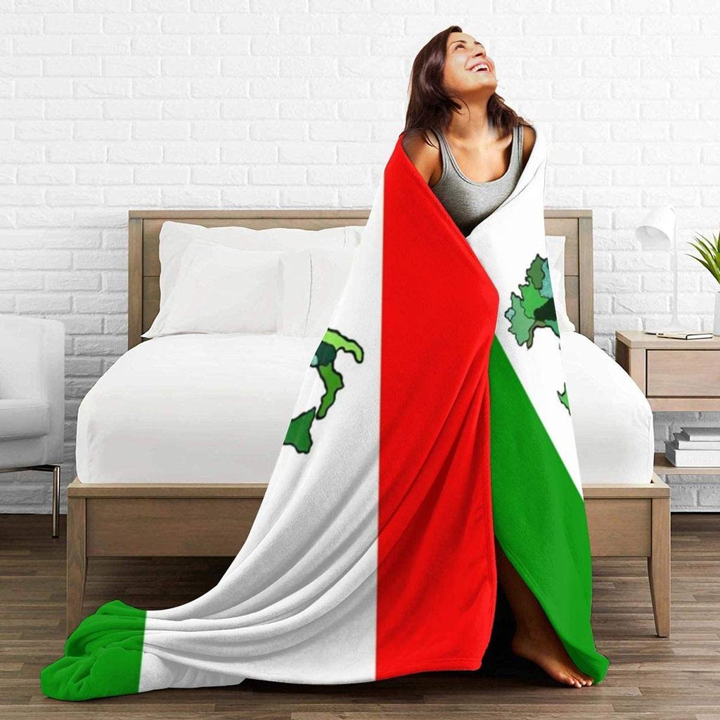 Flannel Fleece Travel Blanket Map of Italy and Italian Flag Green White Red Stripes Blankets for Sofa Air Conditioning Blanket