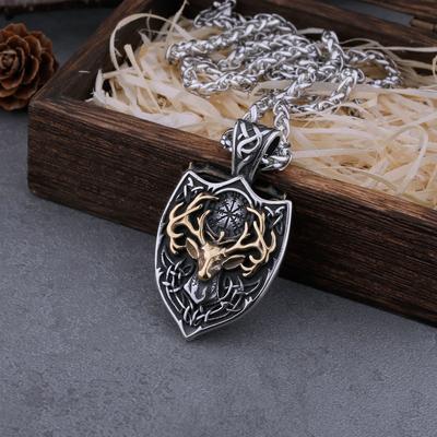 Viking Stainless Steel Deer Head Shield Necklace Men's Charm Amulet Odin Pendant Jewelry Gift Mixed Gold Color
