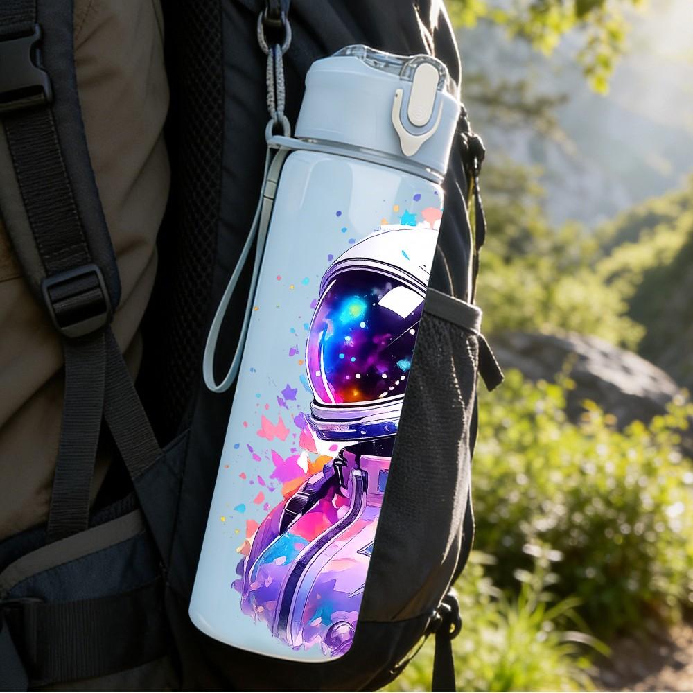 1PC Space Astronaut Galaxy Color Print 750ml Color Plastic Sports Water Bottle Leakproof Flip Straw Lid Suitable for Sports Office Home Use