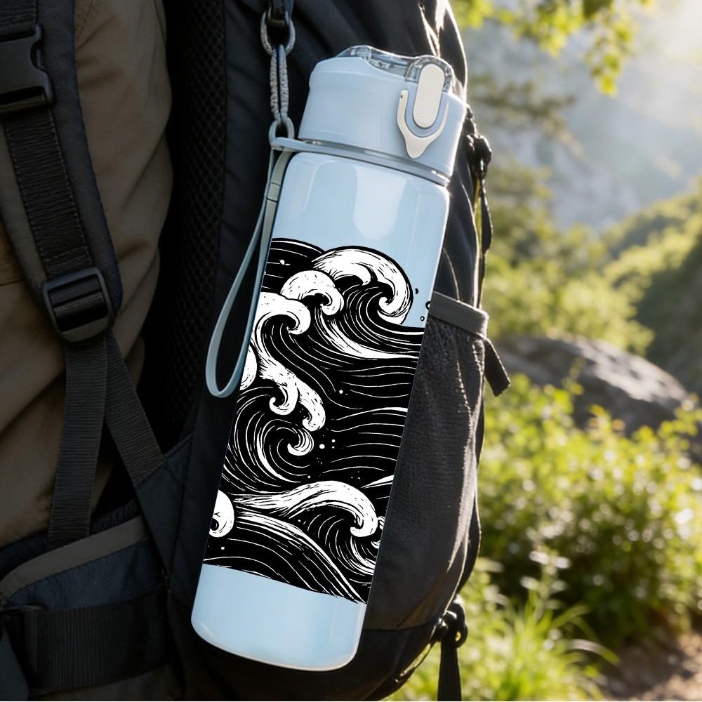 1PC Black White Ocean Wave Art Print 750ml Color Plastic Sports Water Bottle Leakproof Flip Straw Lid Suitable for Sports Office Home Use