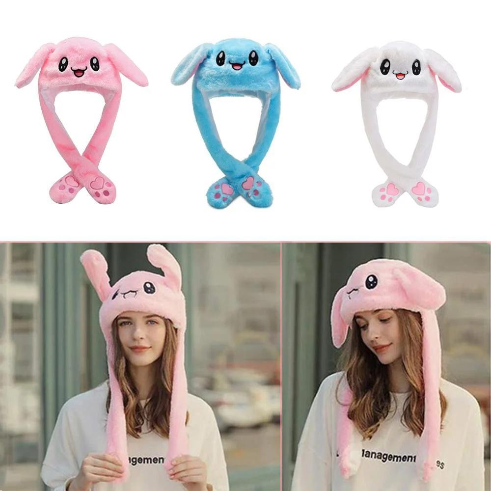 Cute Cartoon Bunny Ear Moving Hat Soft Plush Kawaii Rabbit Ears Winter Cap for Birthday Gifts