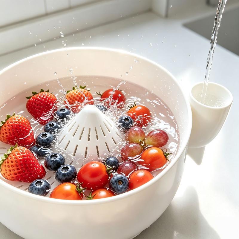 1 Stück Wirbelnde Beeren-Waschschüssel, Selbstrotierende Obst- & Gemüseschleuder mit Ablauf 360° Wirbelreinigung Küchensieb Werkzeug