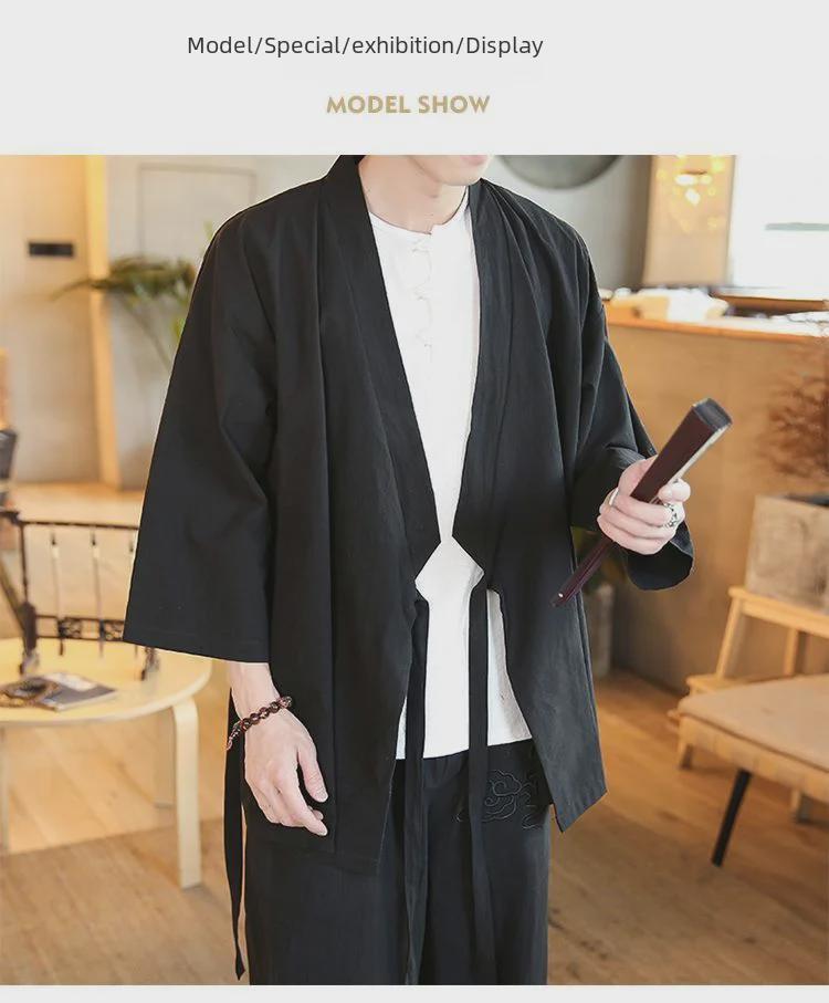 Men's Zen Buddhist Hanfu Jacket: Three-Quarter Sleeves, Slanting Collar, Summer Style, Ancient Chinese Tea Clothing, Cotton & Linen Taoist Robe.