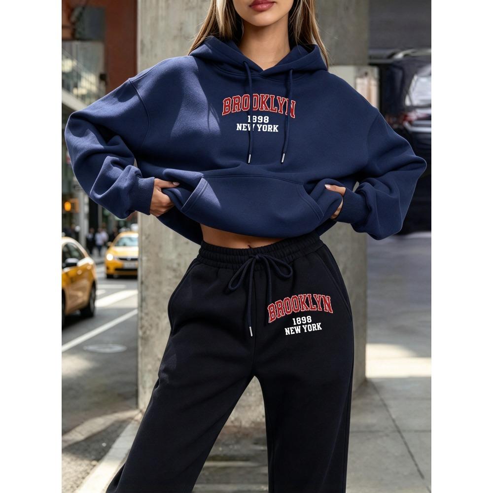 Brooklyn New York Usa Printed Y2K Women'S Hoody Set Multicolor Pocket Hoodie Loose Korean Pants