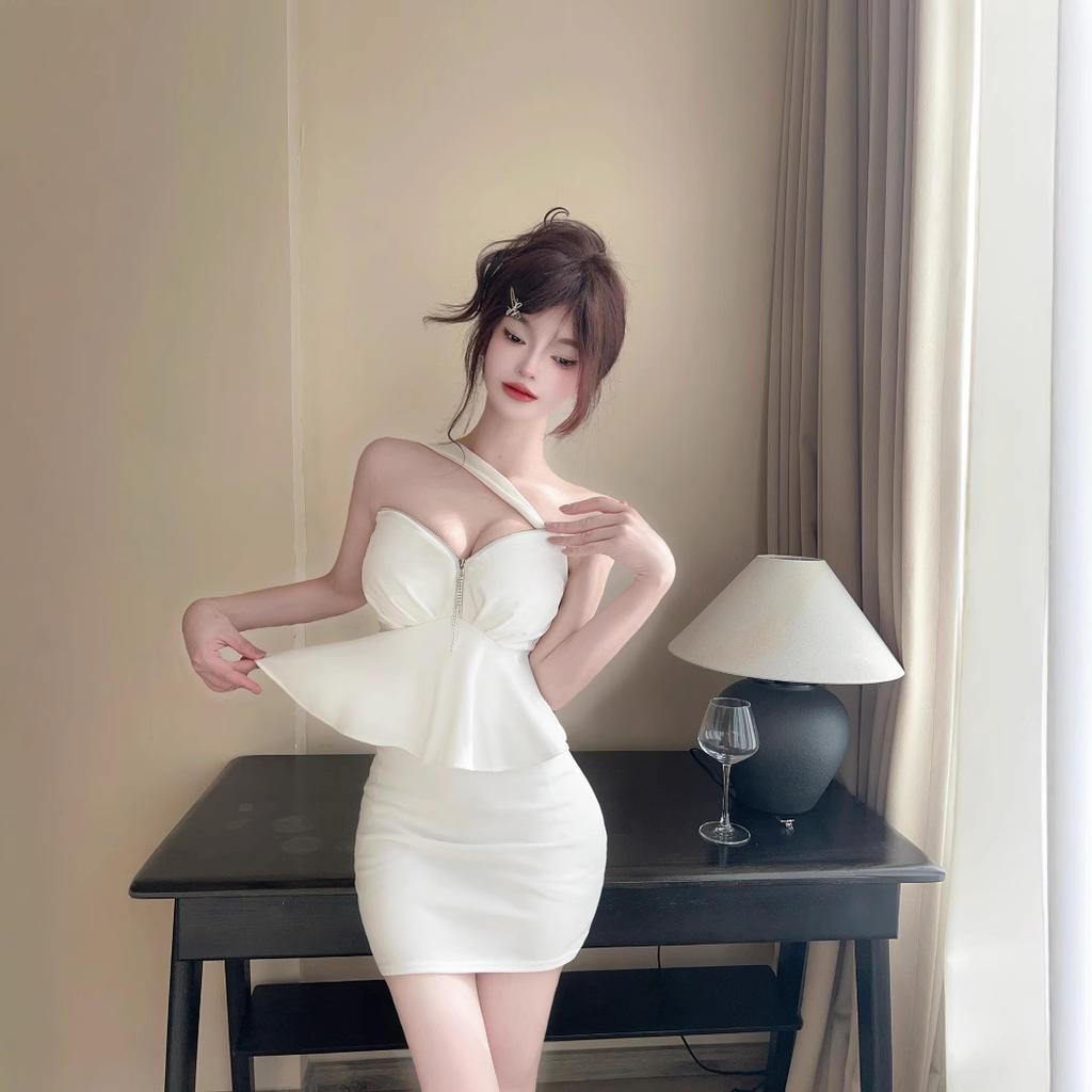 Spring and Summer Sexy Nightclub Women's Neck Low-cut Zipper Decorative Ruffle Leaf Edge Hip Wrap Short Slim Solid Color Dress