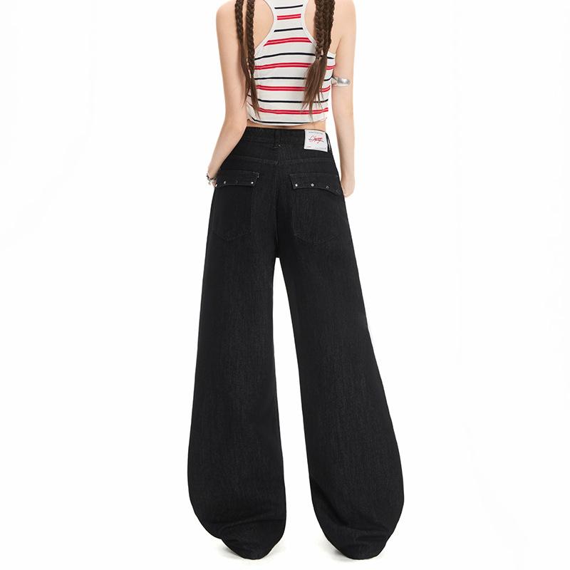 American design rivet black denim primary color straight jeans women's loose high waist thin drape wide leg pants