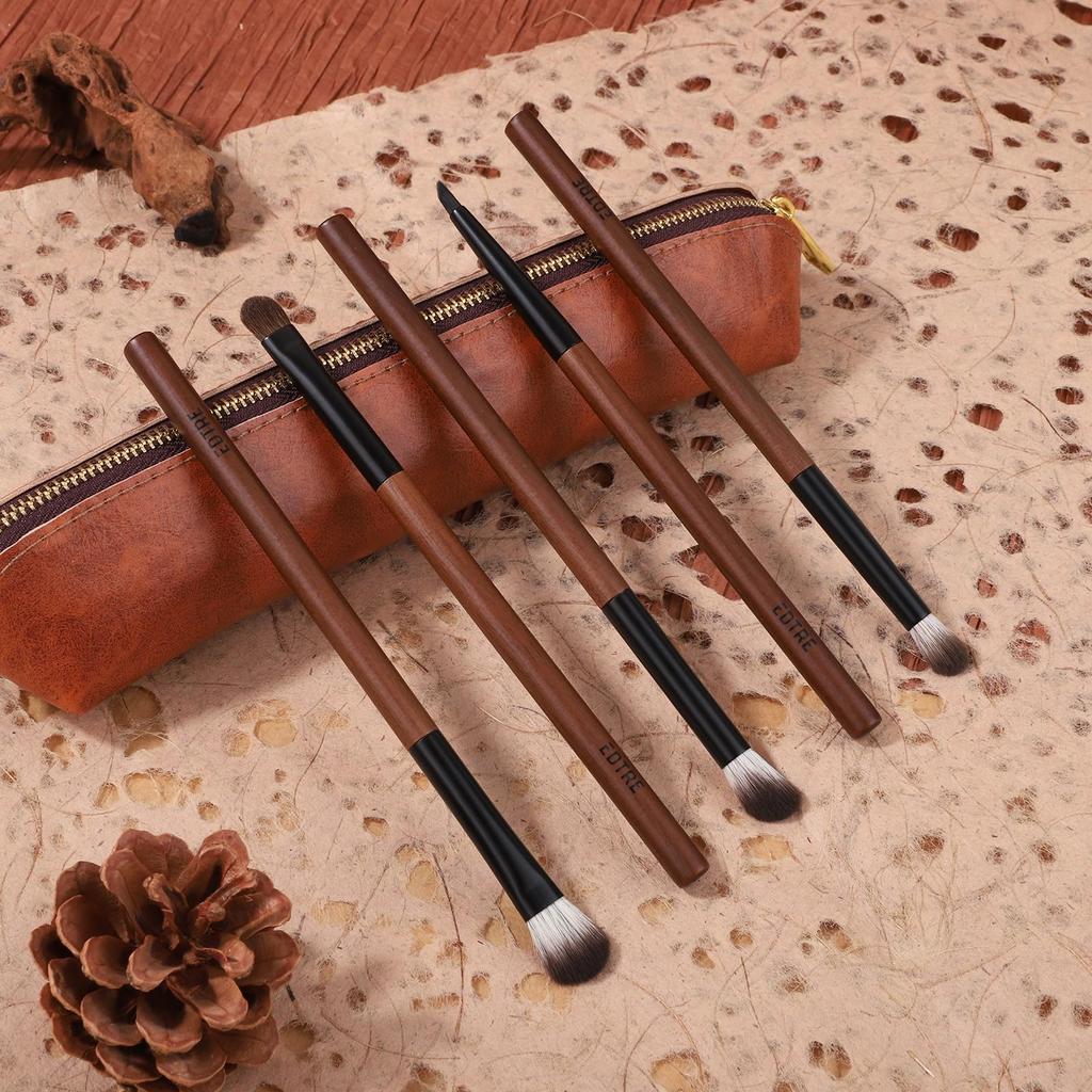 EDTRE Nylon High Quality Animal Hair Walnut Wood Makeup Brush Eyeshadow Brush Eye Makeup Brush Set of 5 with Makeup Pouch Portable Gift Brush