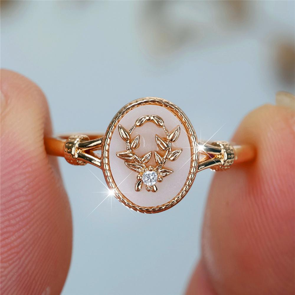 Charm Female White Enamel Stone Oval Leaf Plant Ring Gold CopperColor Cute Gift Wedding Jewelry For Women