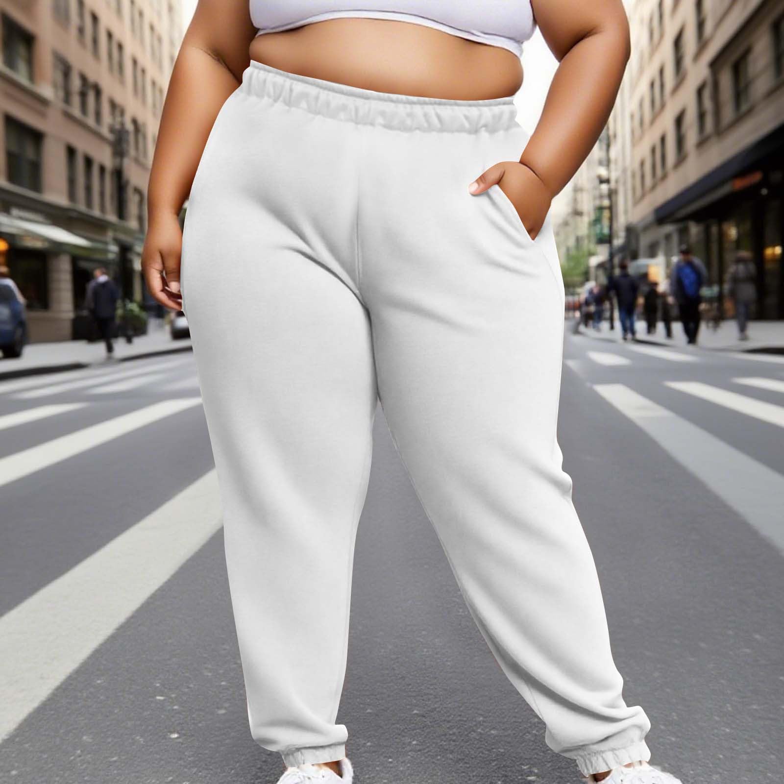 

Women s Fashion Plus Size Solid Colour Elasticated Waist Trousers With Cuffed Legs And Side Pockets XL білий