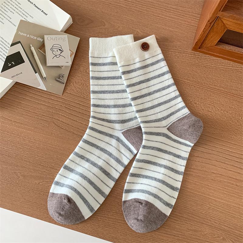 

Женские весенне-осенние ретро полосатые цветные носки-гольфы 1 pair молочный белый