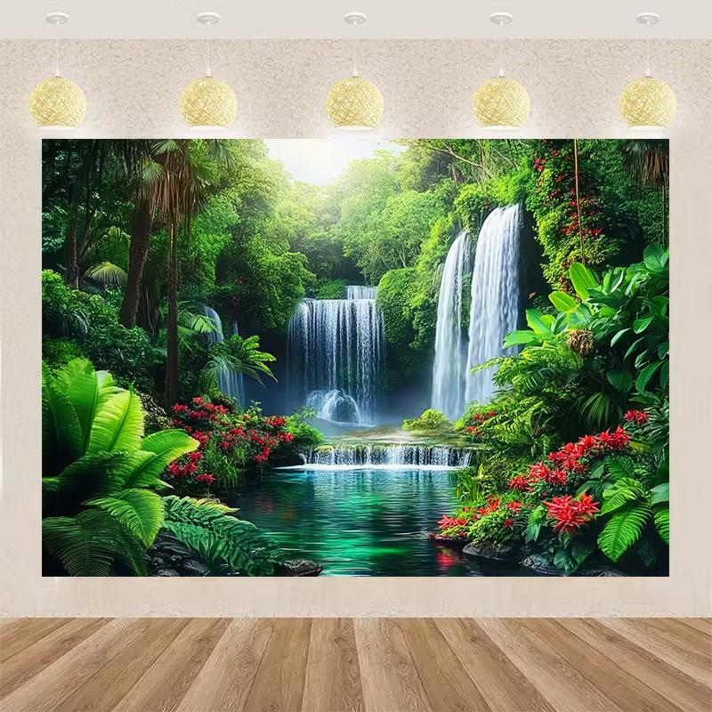 2D Dreamy Jungle Waterfall Tapestry Green Scenery Wall Hanging