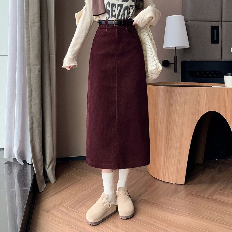 

High Waisted Mid Length Straight Skirt High Waist Mid-Length Slimming Straight Skirt Children Claret XL