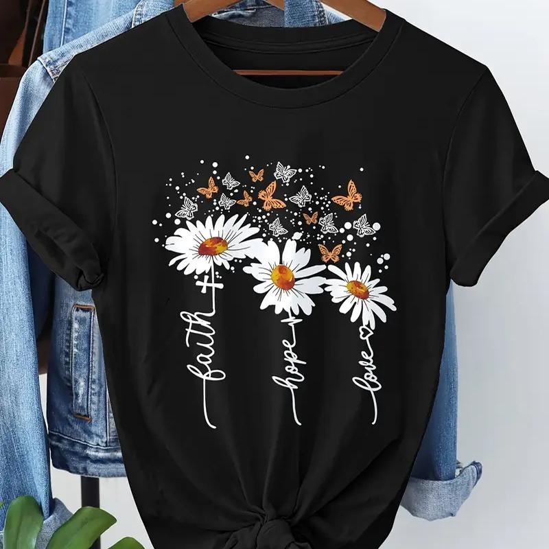 Women Summer T Shirt Retro Fashion Short Sleeve Tees Casual Flower Printed  Tops
