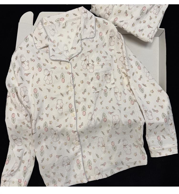 Damen Cartoon Pyjama-Set aus Wolkenbaumwolle mit Brustpolster - Langarm-Cardigan und Revers für Frühling und Herbst