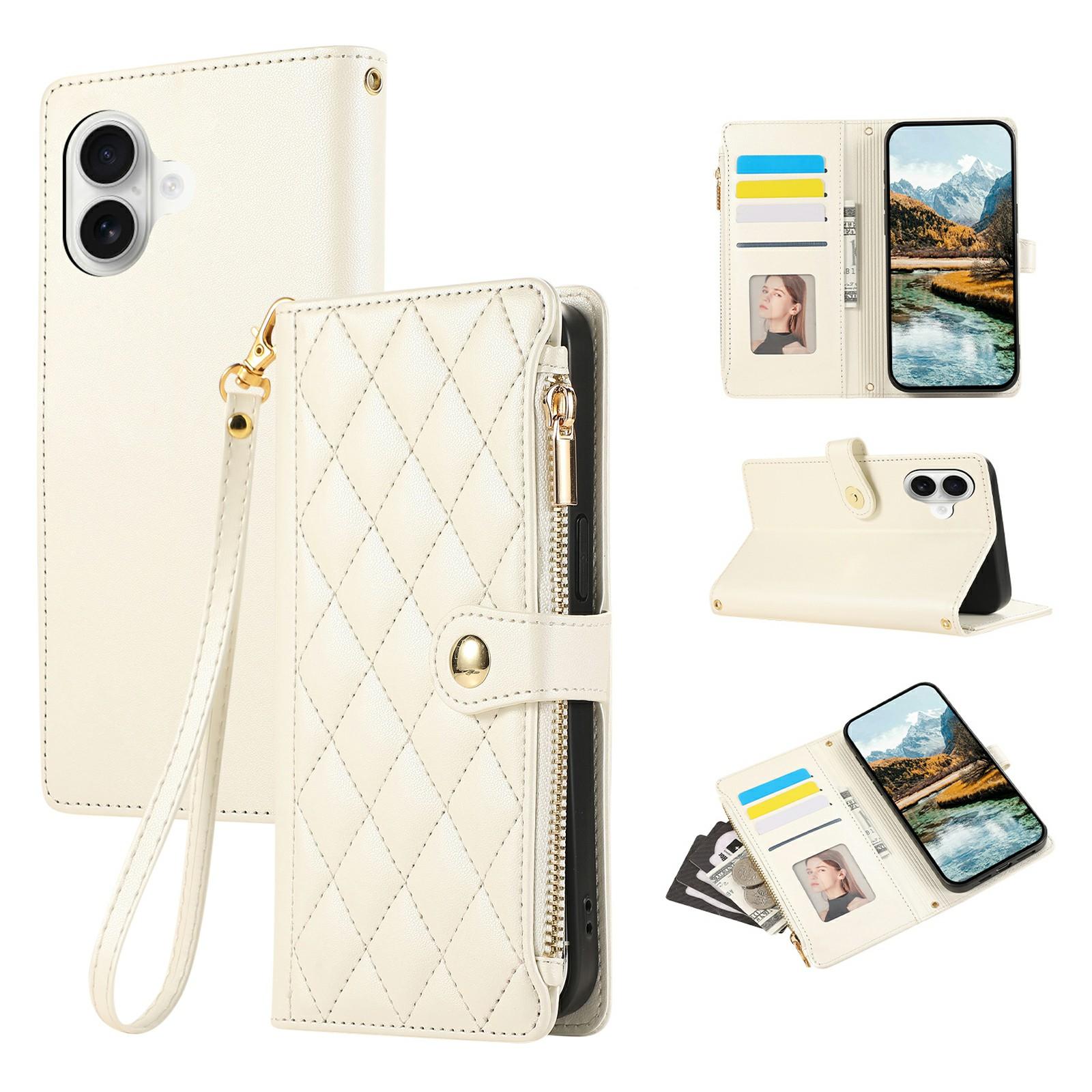 

Чехол для iPhone 17 с несколькими слотами для карт, на молнии, ромбовидный, кожаный чехол для телефона с ремешком на запястье Beige