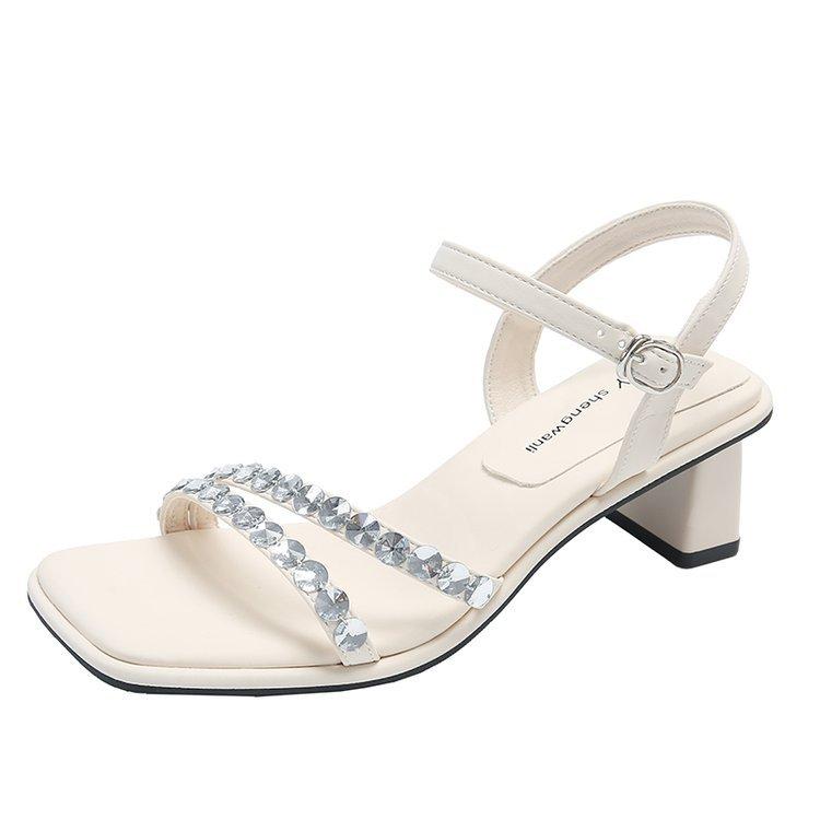 

Rhinestone temperament thick heel with skirt sandals summer new one-word with high heel sandals women 39