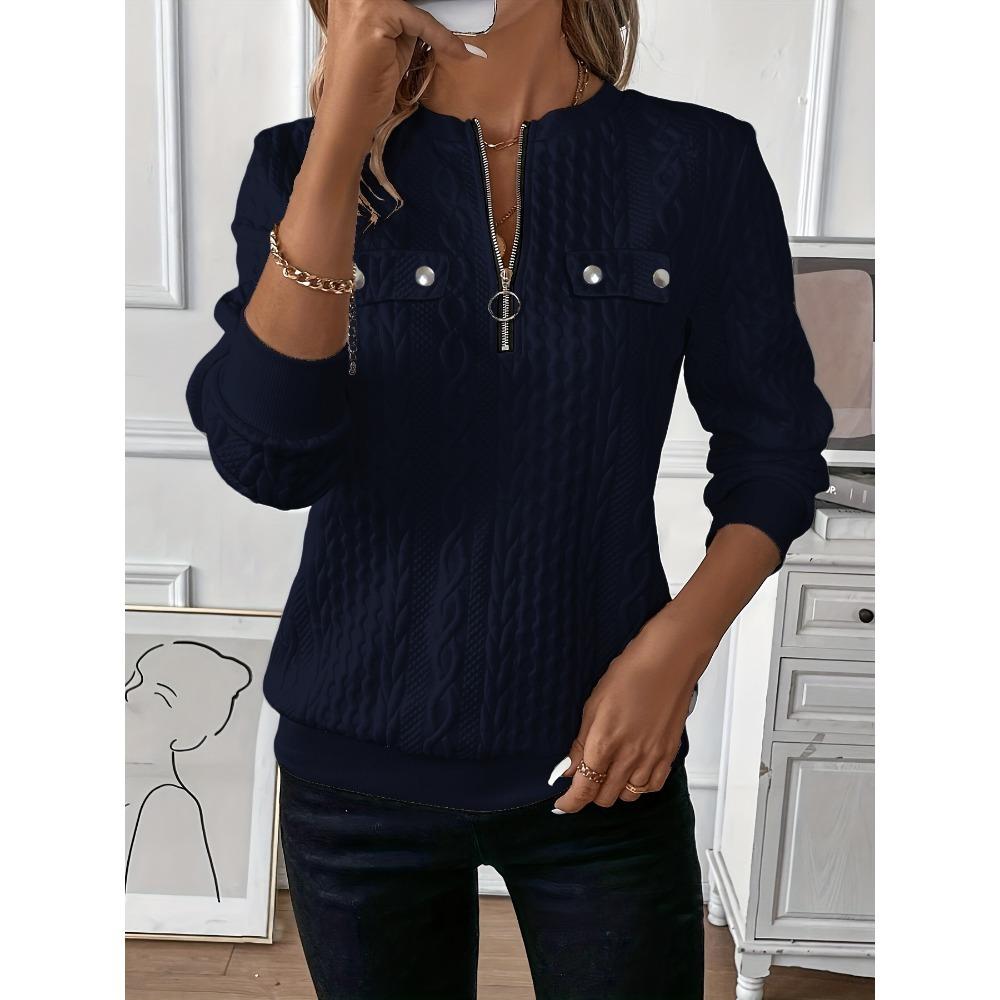 Elegantes Damen Langarm Sweatshirt mit Reißverschluss und Baseballkragen, mit Fake-Taschen - Strukturierter Zopfstrick