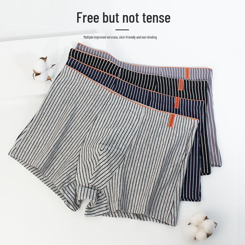 Men's Breathable Cotton Boxer Briefs with Antibacterial Crotch - Japanese Style Stripes
