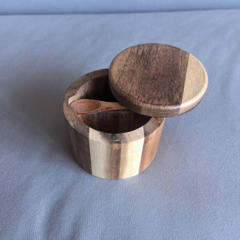 Salt Cellar with Spoon and Swivel Lid, Acacia Wood Salt Salt Keeper, Wood Jar for Kitchen, Perfect for Storing Seasonings