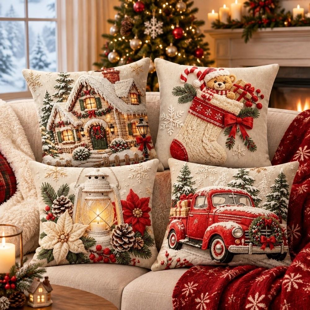 4PCS Tree Flower Christmas Pillow Covers New Year Snowman Pillow Cover Throw Cushion Case Home