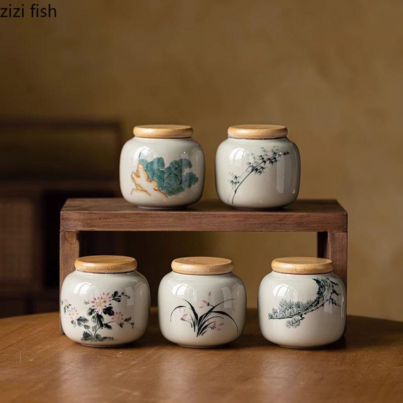 Vintage Ceramic Tea Cans Creative Hand-painted Pattern Tea Box Sealed Storage Jar Candy Jars Household Teaware Accessories