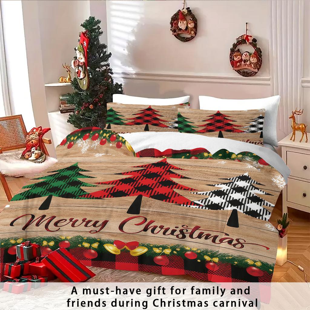 3pcs Checkered Christmas Tree Print Coreless Duvet Cover Set Multiple Sizes Bedrooms Dormitories Comfortable Machine Washable