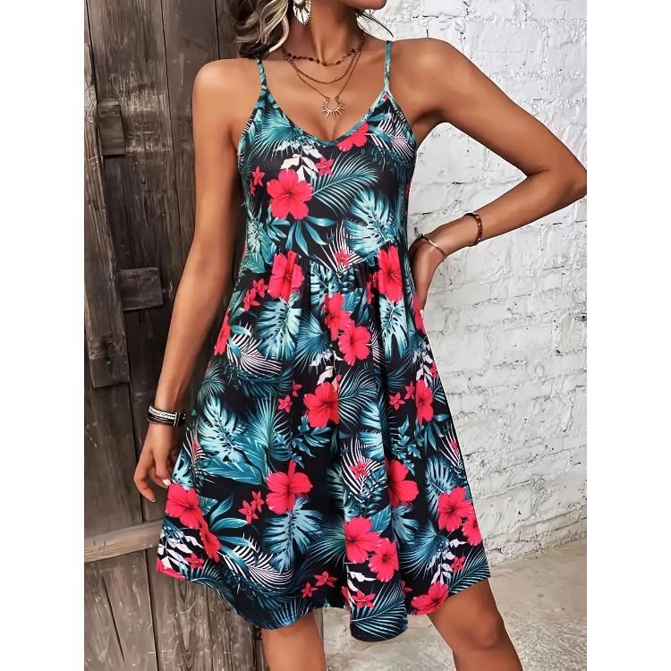 

Платье на тонких бретельках с V-образным вырезом и принтом в стиле летних каникул 2025 XXL