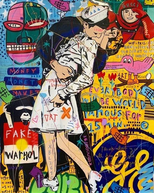 Modern Graffiti Street Panda Art Kiss of Victory Canvas Painting Wall Art Pictures Posters and Prints for Living Room Home Decor No Frame