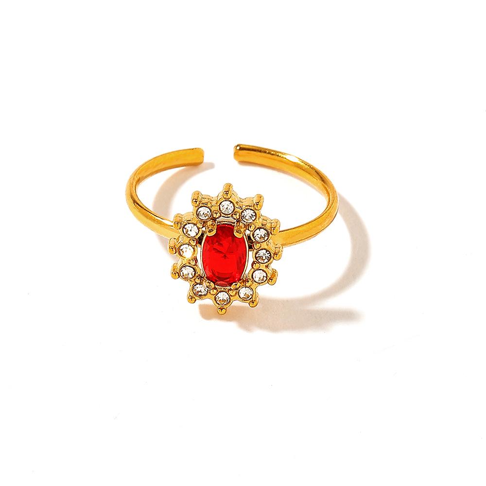 18k Gold-Plated Stainless Steel Open Ring with Sun Red Zirconium - High-End, Non-Fading Design for Women