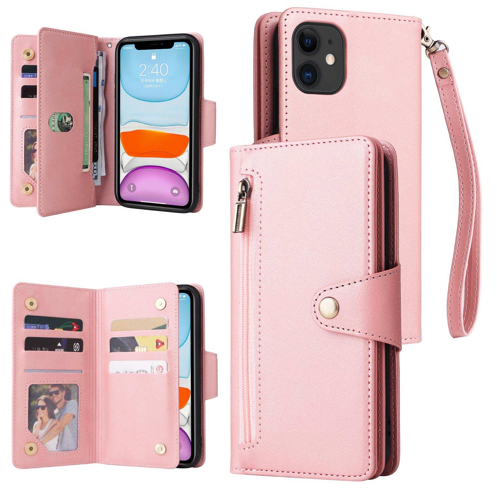

For iPhone 11 Case PU Leather Stand Phone Cover with Rivet Decor Rose Gold