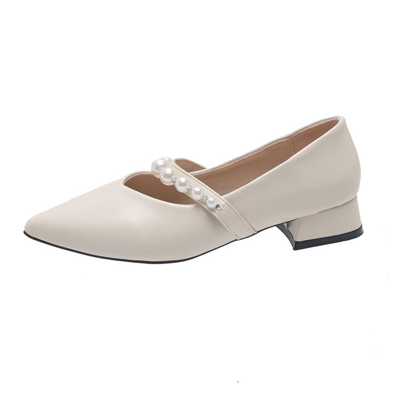 Fashion Spring new coarse heel shoes women's fashion pointed head shallow mouth beaded waterproof non-slip low-top shoes