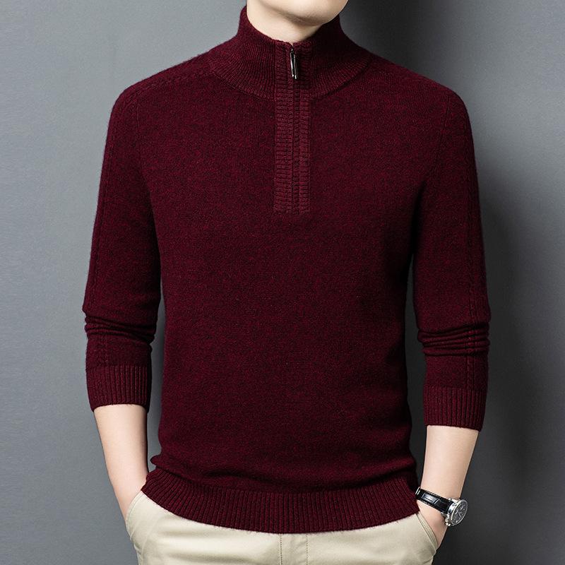 Men's 100% Merino Wool Half-Zip Pullover Sweater - Warm Winter Wear for Middle-Aged Men
