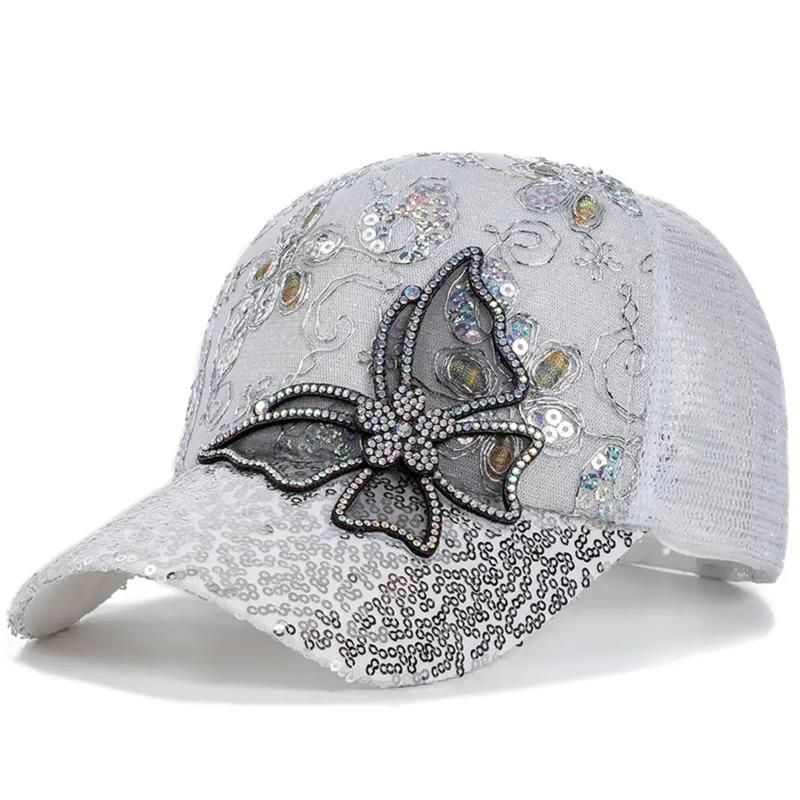 Butterfly Lace Glitter Baseball Cap Women's Summer Sun Protection Fashionable Ducktongue Hat Adjustable Casual Hats