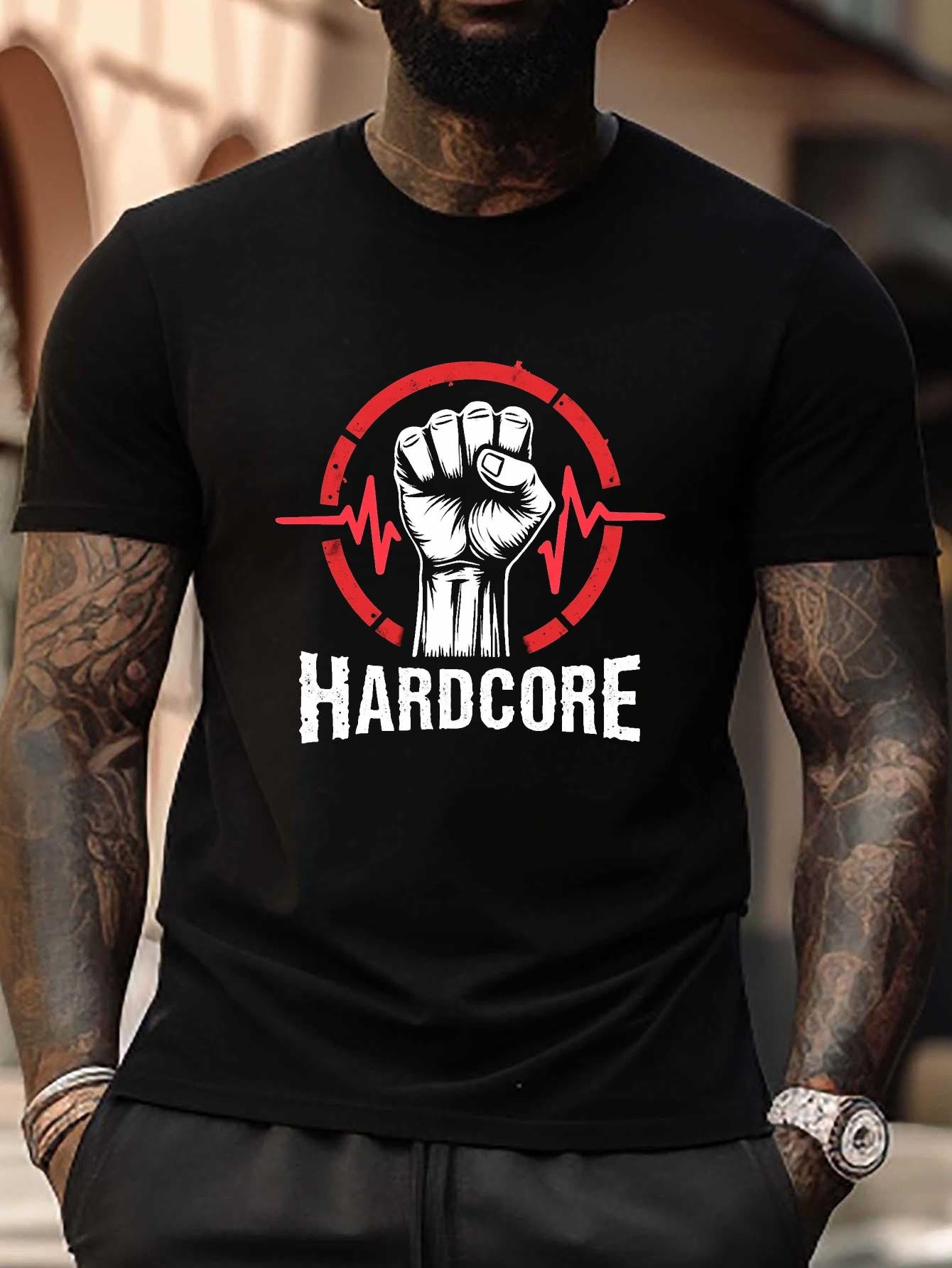 Hardcore Fist Power Statement Graphic T-shirt - Plus Size Black Tee with Red & White Raised Fist Design XXXXL