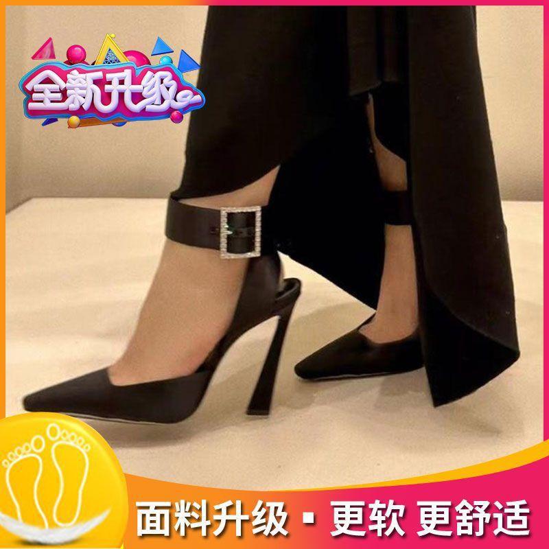 2025 early spring new rhinestone buckle satin high heels women's ankle buckle temperament socialite bag head sandals women