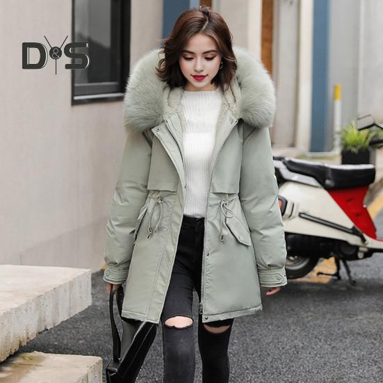 Winter-Daunenmantel, dick gepolstert, Plüschkapuze, mittellang, winddicht, Taschen, lange Ärmel, verstellbarer Kordelzug, Baumwolljacke für den Alltag